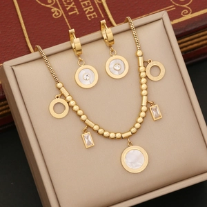 Stainless Steel Necklace With Zircon Square Geometric Mother Of Artificial Pearl And Roman Numerals Elegant Women Fashion
