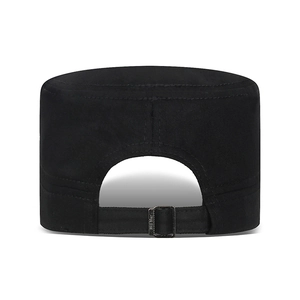 Black cotton cadet cap with adjustable back strap and vintage metal buckle closure