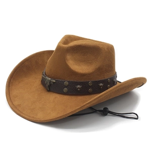 Chapeau de cowboy marron en suédine avec boucle tête de taureau et cordon réglable