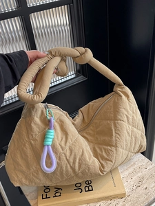 Large Capacity Quilted Shoulder Bag Women Nylon Knot Handle Slouchy Tote Casual Chic Colorful Rope Charm