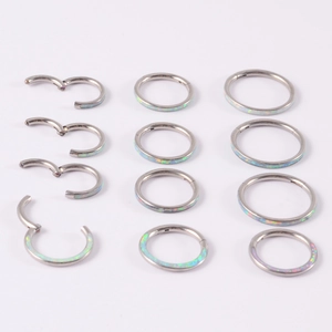 Makroaufnahme von G23 Titan Clicker-Ringen mit schillernden Opal-Inlays und Scharnier