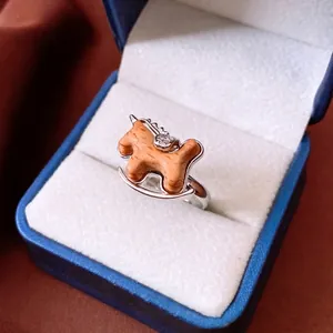 Rocking Horse Ring Copper With Wood And Zircon Inlaid Adjustable Open Design Cute Vintage Animal Shape Jewelry For Women