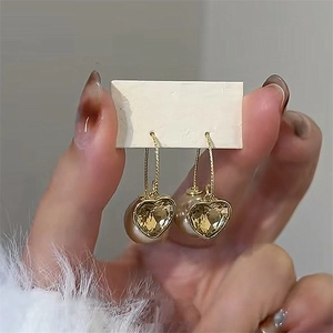 Vintage Elegant Heart Champagne Crystal Dangle Earrings With Imitation Artificial Pearl Steel Earring Post Luxury Jewelry For Women