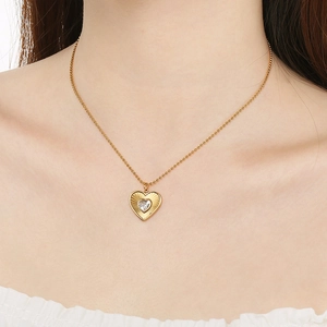 Fashionable gold Y-shaped stainless steel double-layered necklace with heart zircon pendant