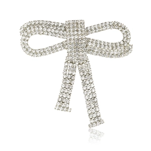 Elegant silver bow brooch with full sparkling crystals and rhinestones for women