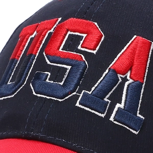 Navy and red baseball cap featuring high-quality USA 3D embroidery and cotton fabric texture
