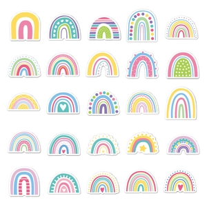 Close-up of 25 cute waterproof rainbow stickers in a 5x5 grid for water bottles and laptops