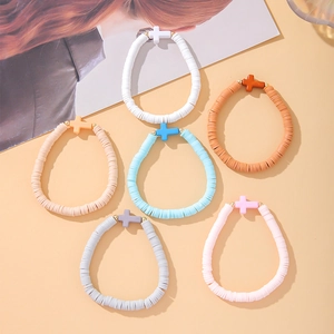 Bohemian 6-piece stretch polymer clay bead bracelet set with cross charms in multiple colors