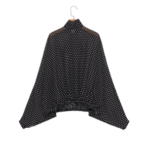 Women's black polka dot batwing sleeve cropped top with elegant chiffon texture and loose fit