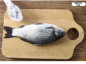 Fish scaler tool with cover shown before use on a wooden cutting board with a fresh fish