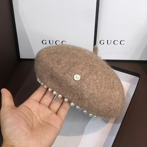 Woolen camel beret hat with pearl trim and golden M letter buckle for women