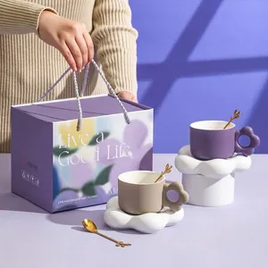 Ceramic Coffee Cup Saucer And Spoon Gift Box Flower Handle Cloud Coaster Microwave Safe Nordic Style Elegant Office Home