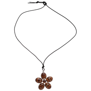 Retro resin flower pendant necklace with brown oval stones on a black cord necklace