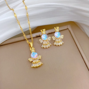 Golden titanium steel angel jewelry set with glowing opal pendant and stud earrings