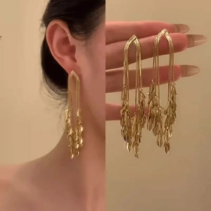 Long Tassel Dangle Stud Earrings Wheat Ear Leaf Real Gold Plated Alloy Metal With Silver Earring Post For Women Fashion