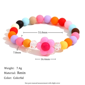 Colorful matte resin beaded bracelet with pink flower charm and detailed size measurements