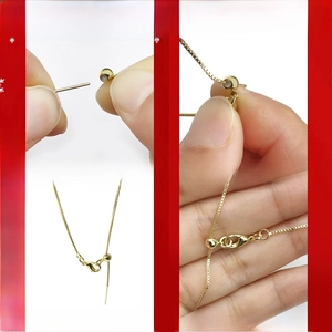 Detail of adjustable gold necklace showing silicone bead slide mechanism and lobster clasp