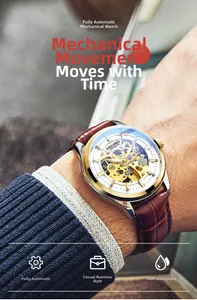 Detail of automatic mechanical watch with gold case and brown leather strap on wrist