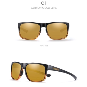 Front and 45-degree views of black polarized sunglasses with golden mirror lenses
