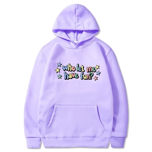 Light purple hoodie with who let me print and kangaroo pocket on white background