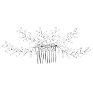 Handmade bridal hair comb with silver beads and crystal branches on white background