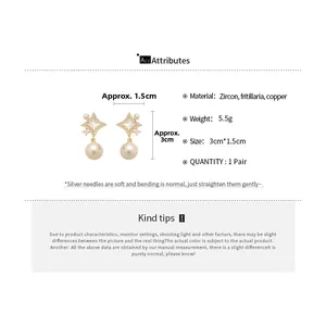 Détail des boucles d'oreilles étoile en zircon et perle avec dimensions et matériaux