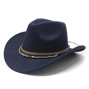 Dark blue felt cowboy hat with ethnic braided leather band and turquoise bead accents