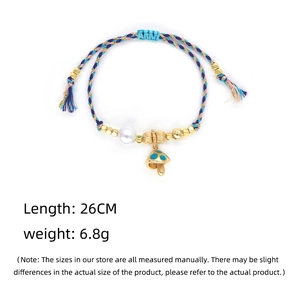 Bohemian woven cotton rope bracelet with colorful mushroom pendant and pearls, 26cm
