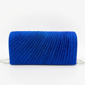 Blue pleated glitter evening clutch bag with elegant silver chain strap for women