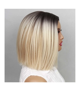 Side view of short ombre bob wig featuring dark brown to blonde gradient hair texture