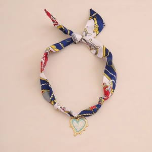 Fashion silk scarf necklace with heart pendant made of golden titanium steel and blue fabric