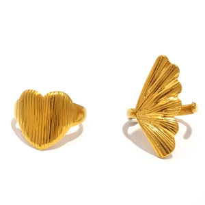 Vintage Stainless Steel Open Ring Engraved Heart Leaf Ginkgo Adjustable Gold Color High-end Niche Jewelry For Women