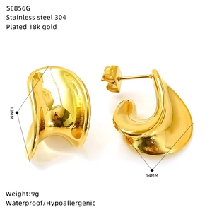 Detail view of gold 18k plated stainless steel geometric earrings with size specs
