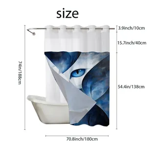 Detailed dimension chart for waffle weave shower curtain with blue abstract cat eye print