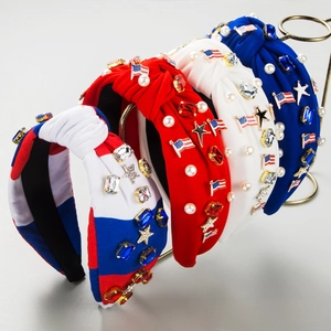 Serre-Tête Noué Jour de l'Indépendance Américaine Avec Strass Künstliche Perles Émail Drapeau USA Étoile Rouge Blanc Bleu Bandeau Cheveux Femme