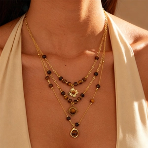 Vintage multilayer tiger eye beaded necklace with gold flower pendants for women
