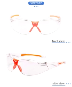 Front and side views of clear safety glasses with anti-slip orange rubber pads on temples