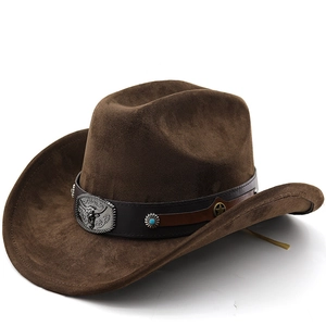 Western Cowboy Hat Faux Suede Wide Brim Vintage Ethnic Style With Leather Band Bull Head Buckle For Women Men