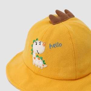 Cute yellow baby knit hat with cartoon dinosaur embroidery and stylish hello design