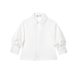 Women's white puff sleeve blouse with pointed collar and wide cuffs flat lay