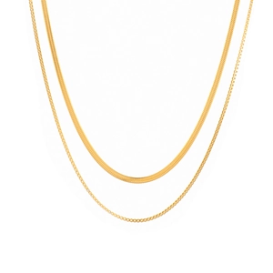 Double-layered 18K gold plated stainless steel snake bone and box chain necklace for women