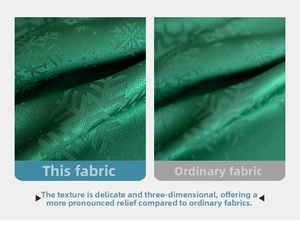 Detail of green Christmas tablecloth showing 3D snowflake texture vs regular fabric