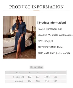 Detailed size chart and specifications for the long imitation silk sleepwear robe in navy