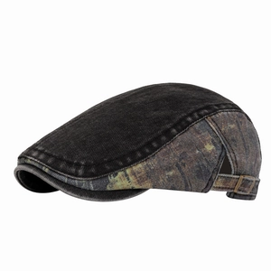 Vintage washed denim flat cap with patchwork distressed texture and metal buckle