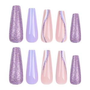 Long coffin press on nails featuring purple glitter and lavender solid colors