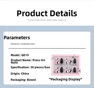 Detailed parameter card for GD19 black and pink abstract wavy press-on nails set