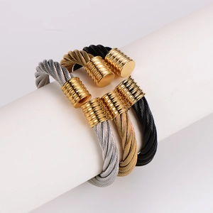 Minimalist cable wire twist open bangle for men in gold and silver stainless steel