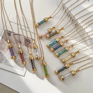 Stainless Steel Openable Perfume Bottle Necklace With Natural Crushed Stone Glass Wishing Bottle Pendant For Women