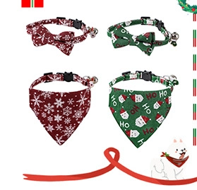 Detailed view of red and green plaid pet bandanas with festive Christmas patterns and bells