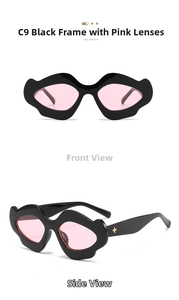 Detail of irregular wave-frame sunglasses with transparent pink lenses and gold cross logo